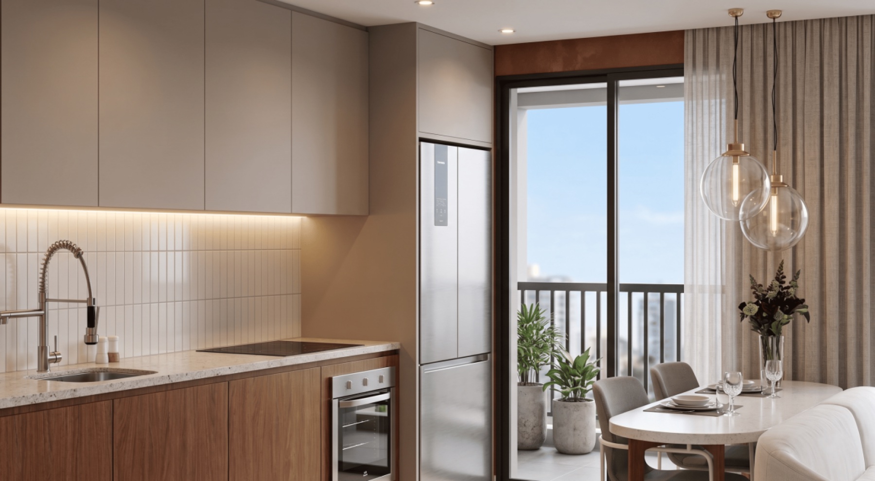 Casa Siena, cozinha com marcenaria clara e bancada iluminada