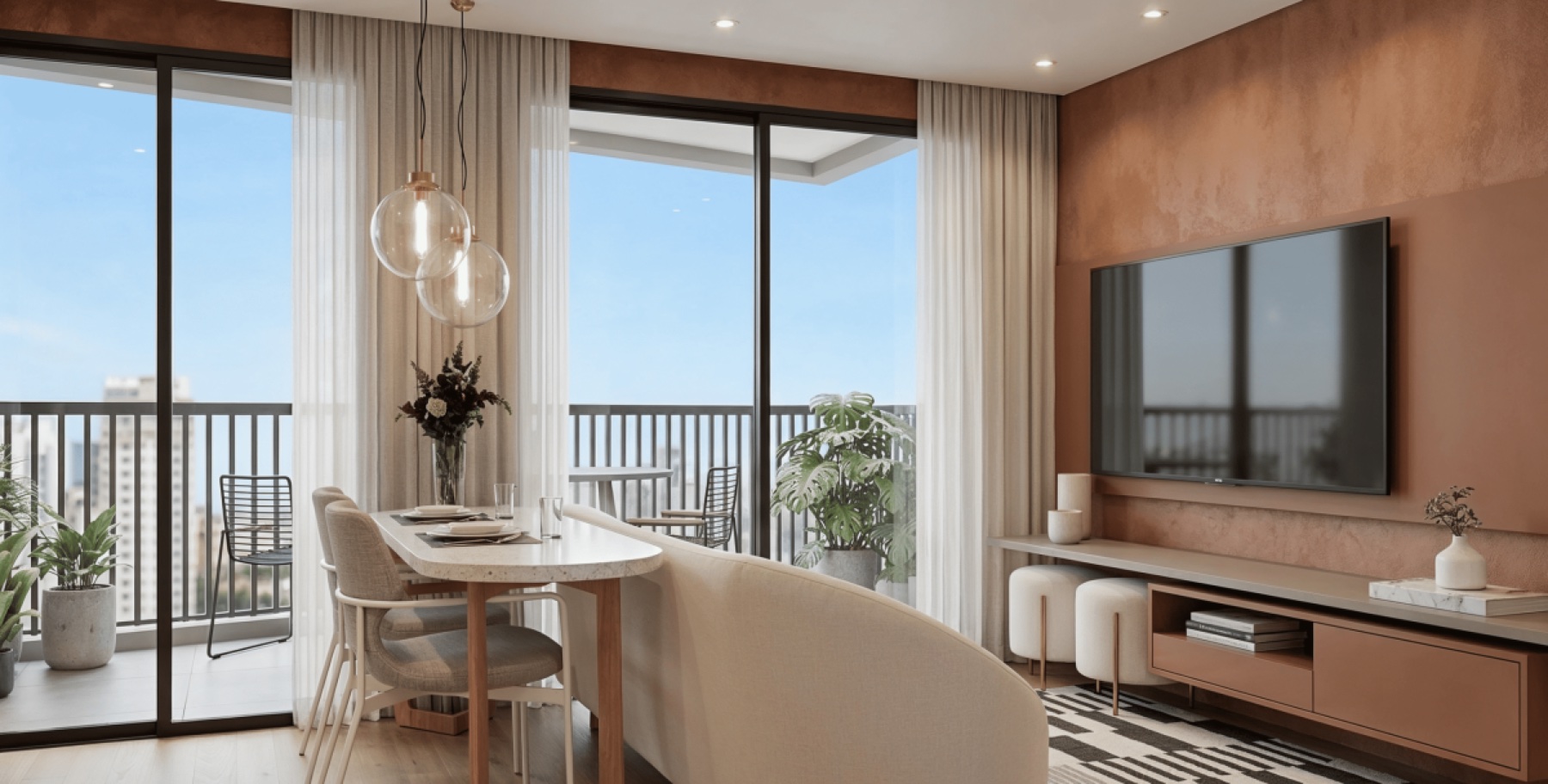 Casa Siena, sala de jantar com pendentes e varanda integrada
