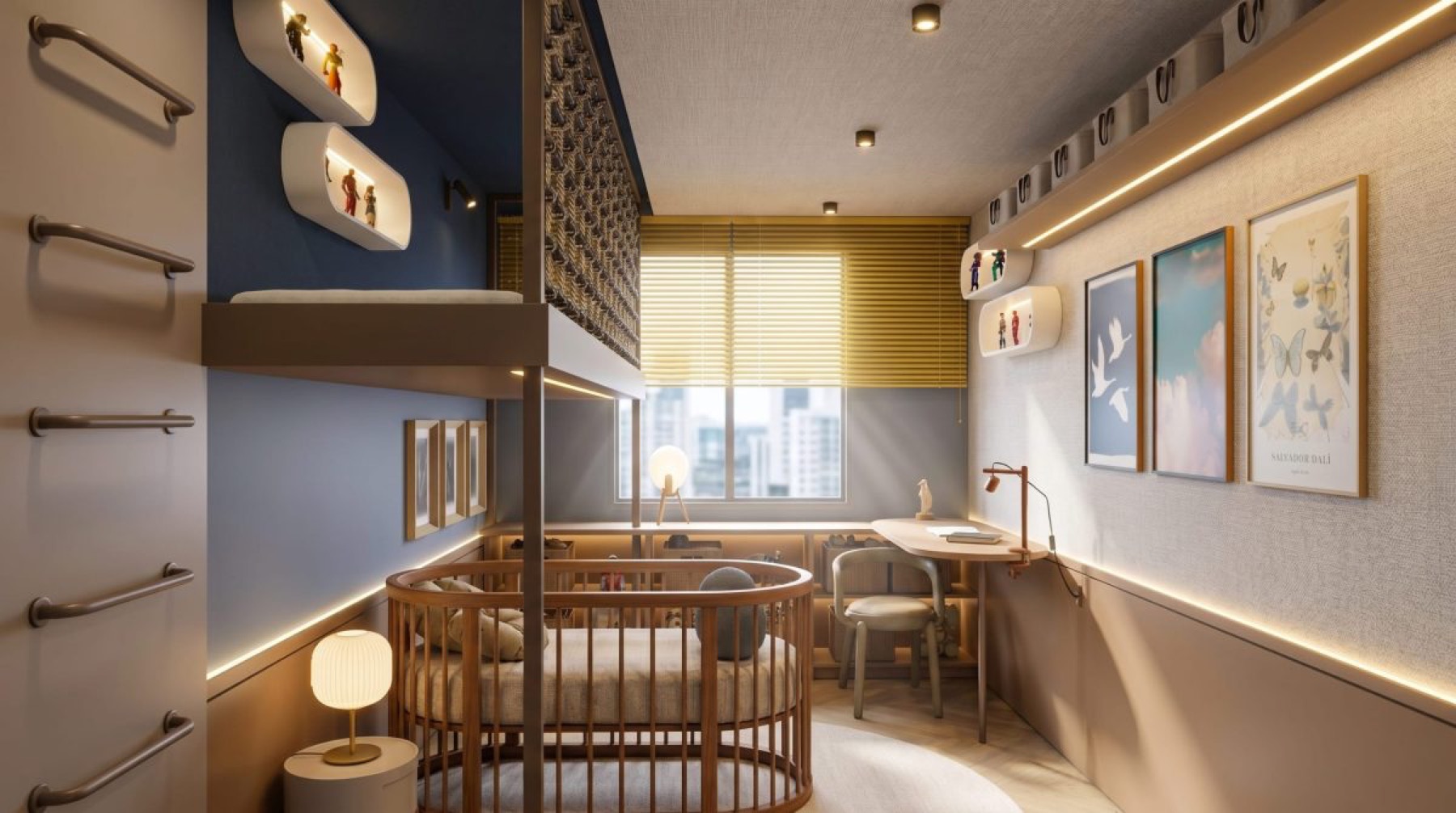 Quarto infantil Bento e Nara, berço e mesa de atividades sob persiana amarela