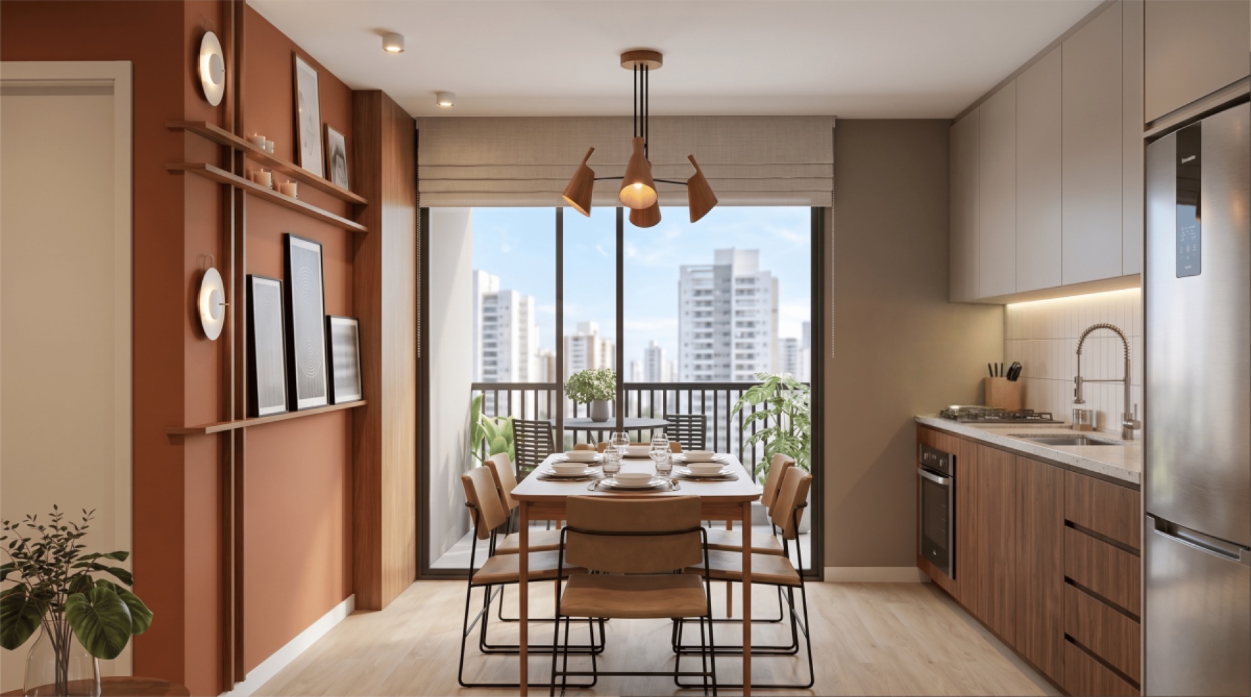 Cozinha integrada com mesa de jantar em madeira sob luz natural