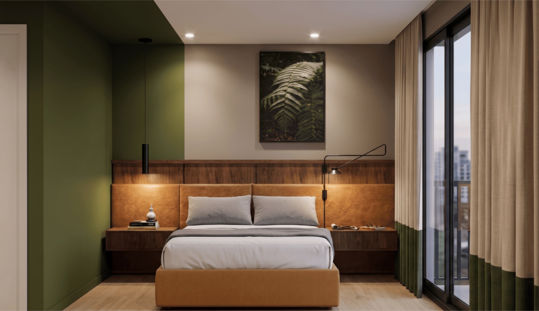 Apartamento 701, quarto com cabeceira de madeira e parede verde