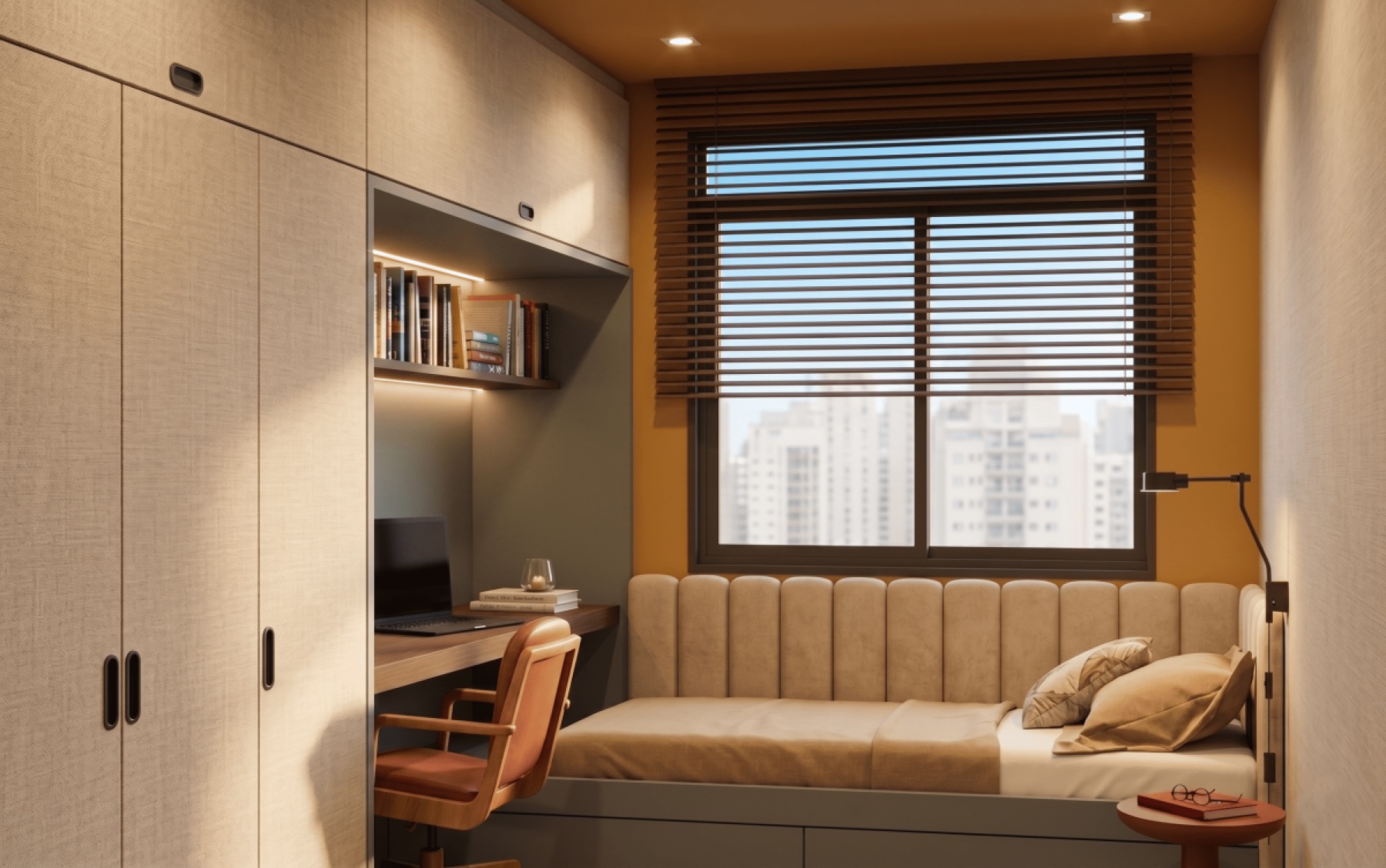 Apartamento 701, home office com sofá e persiana de madeira