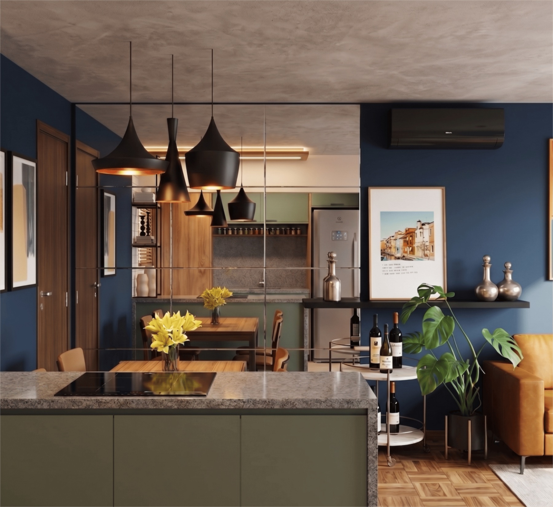 Retrofit Curitiba, cozinha integrada com ilha de pedra e pendentes pretos