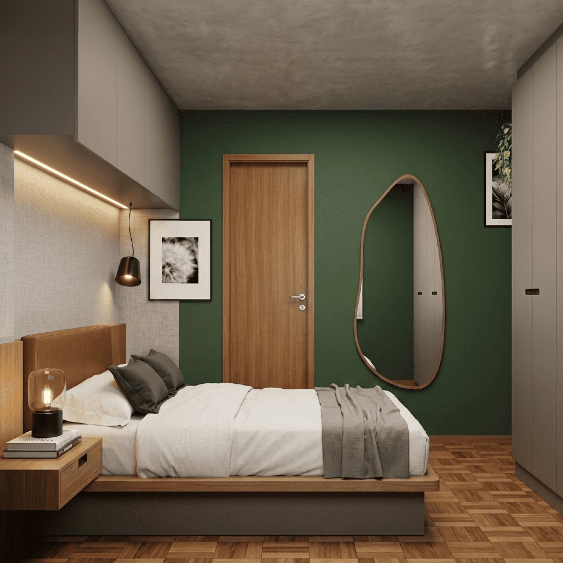 Retrofit Curitiba, quarto com espelho orgânico e parede verde